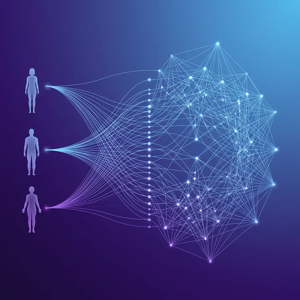 Abstract visualization of behavioral data flowing from human silhouettes into algorithmic networks