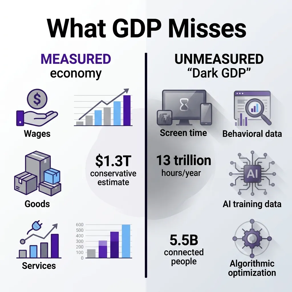 Infographic: What GDP Misses — Measured economy (wages, goods, services) vs. Unmeasured Dark GDP (screen time, behavioral data, AI training)